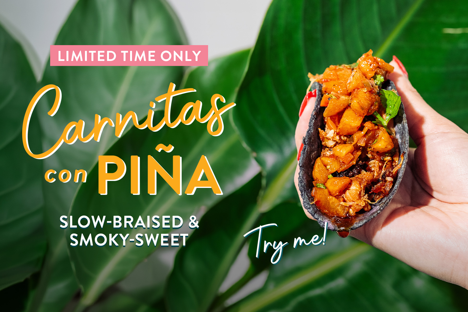 Limited time only! Carnitas con piña, slow-braised & smoky sweet. Try me!